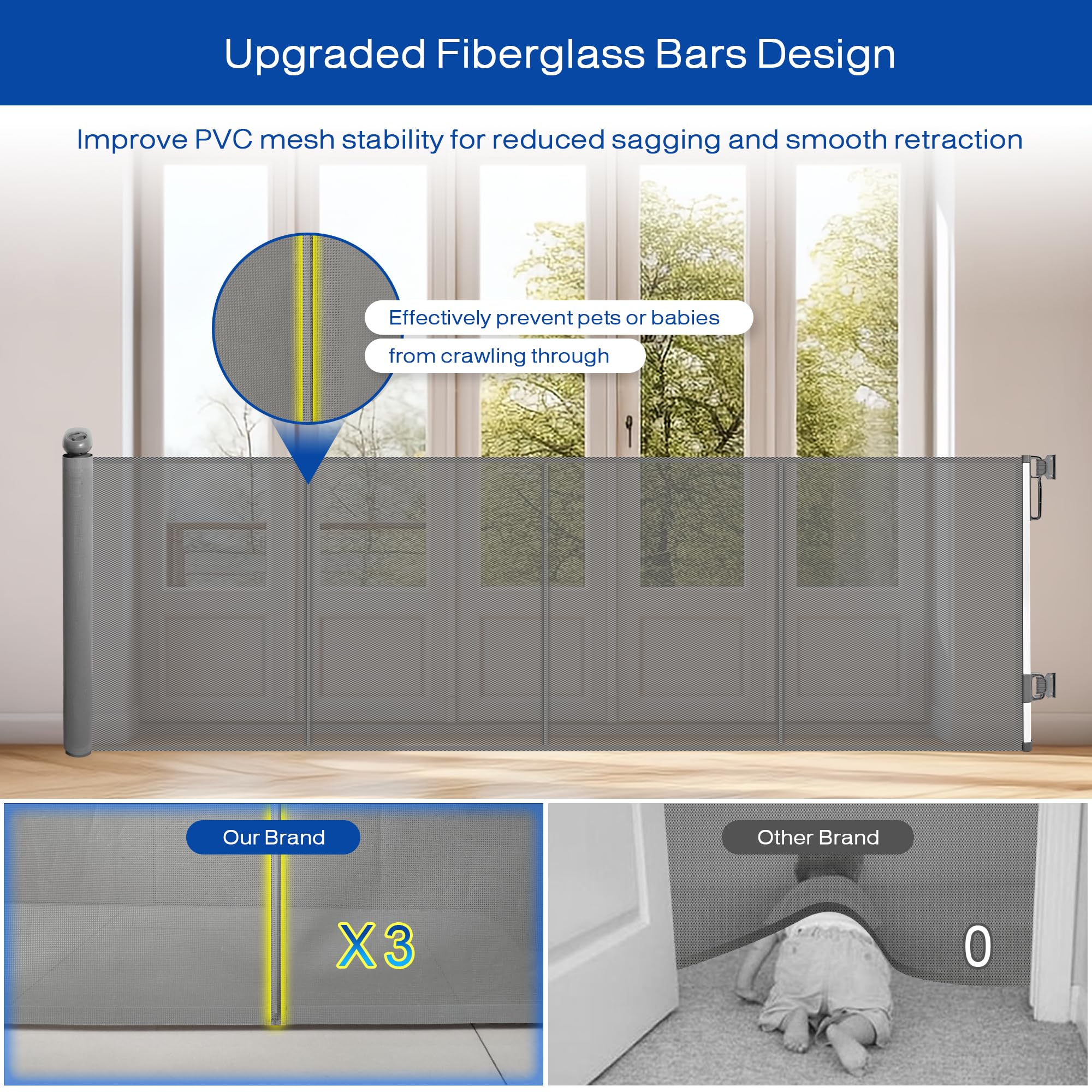 157 Extra Wide Retractable Baby Gates, Mesh Pets Dog Gates with Support Rods for Indoor Stair, Extra Long Retractable Safety Kid